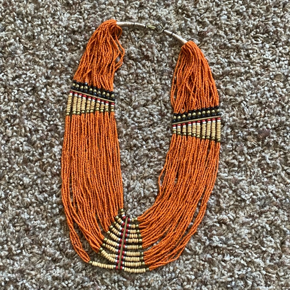 Vintage multi-strand necklace with orange seed beads and wooden beads